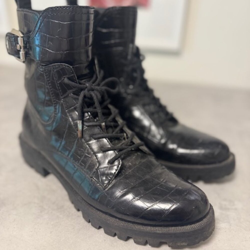 Dolce Vita black patent leather lace up boots with side zip
